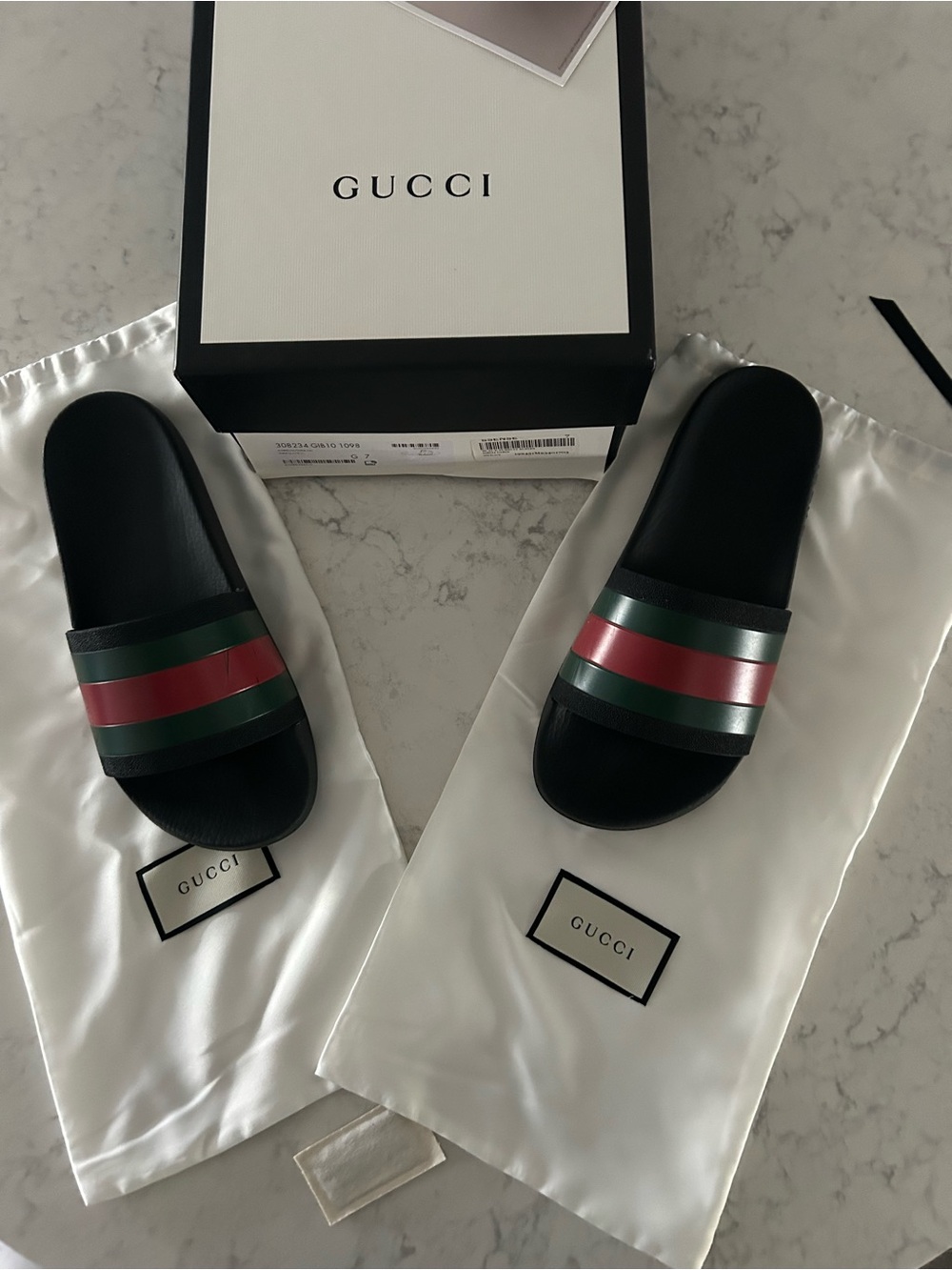 Gucci Black Slides with Green and Red Web Stripe